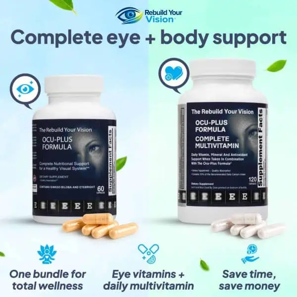 Ocu-Plus Formula and Complete Multivitamin bottles, under the heading “Complete eye + body support”