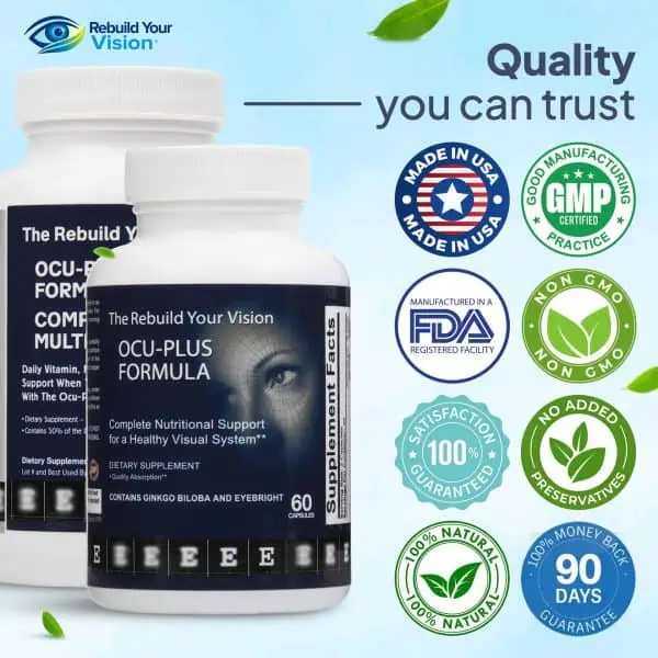 Ocu-Plus Formula and Complete Multivitamin bottles with quality badges, under the heading “Quality you can trust”