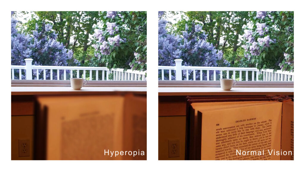 Two images of a book demonstrating blurry words caused by hyperopia versus normal vision.