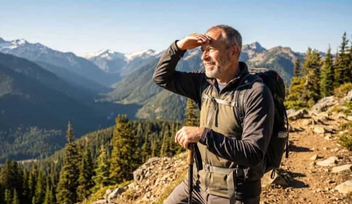 A hiker on a mountain trail on a clear day