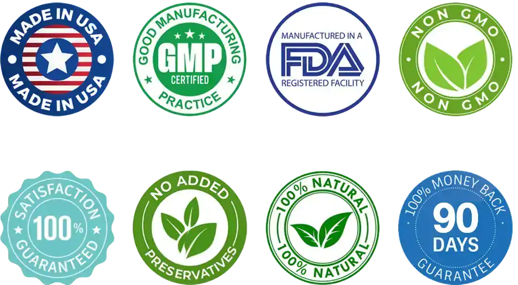 Trust badges: made in the USA, GMP certified, manufactured in an FDA-registered facility, non-GMO, 100% satisfaction guaranteed, no added preservatives, 100% natural, and a 90-day money-back guarantee